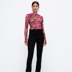 ZARA Floral Mesh Ruched Top